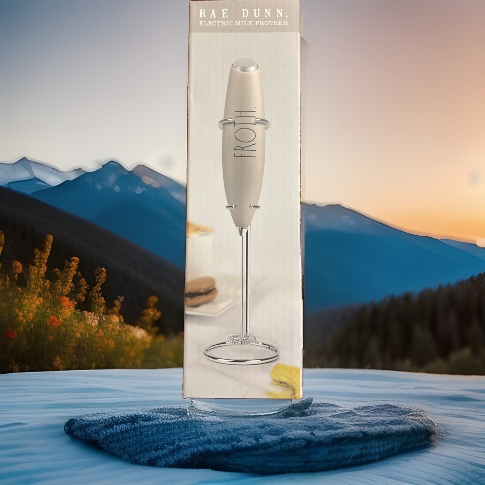 Rae Dunn Milk Frother W/Stand - Handheld Electric Drink Mixer Beige / Sand - NEW